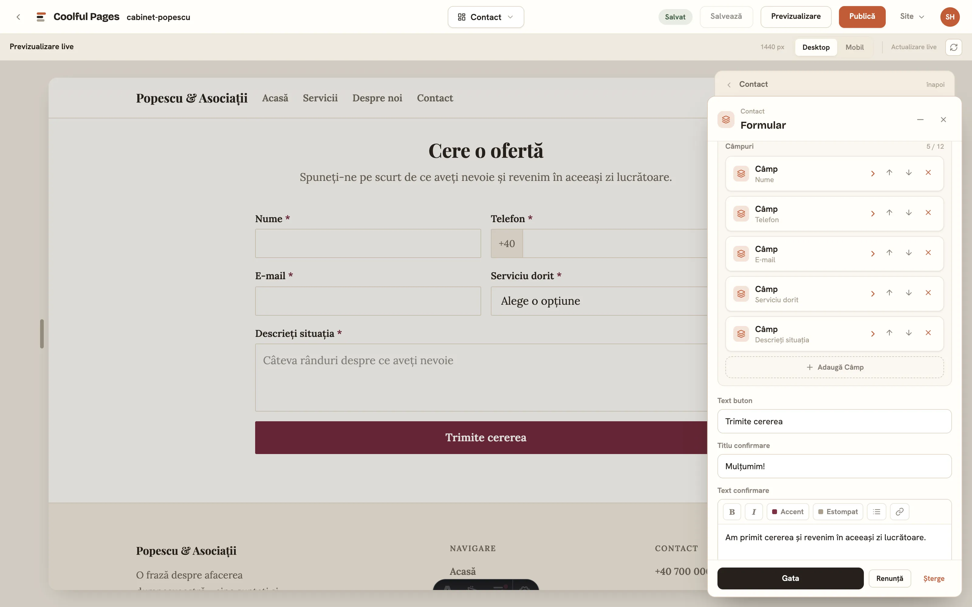 Editorul Coolful Pages cu un formular Cere o ofertă: câmpurile Nume, Telefon, E-mail, Serviciu dorit și Descrieți situația, editabile în panoul din dreapta