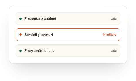 Lista secțiunilor unei pagini în editor